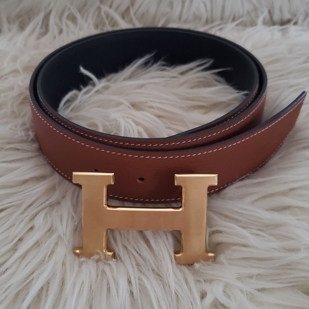 Hermes Reversable Brown Black Gold Buckle Belt